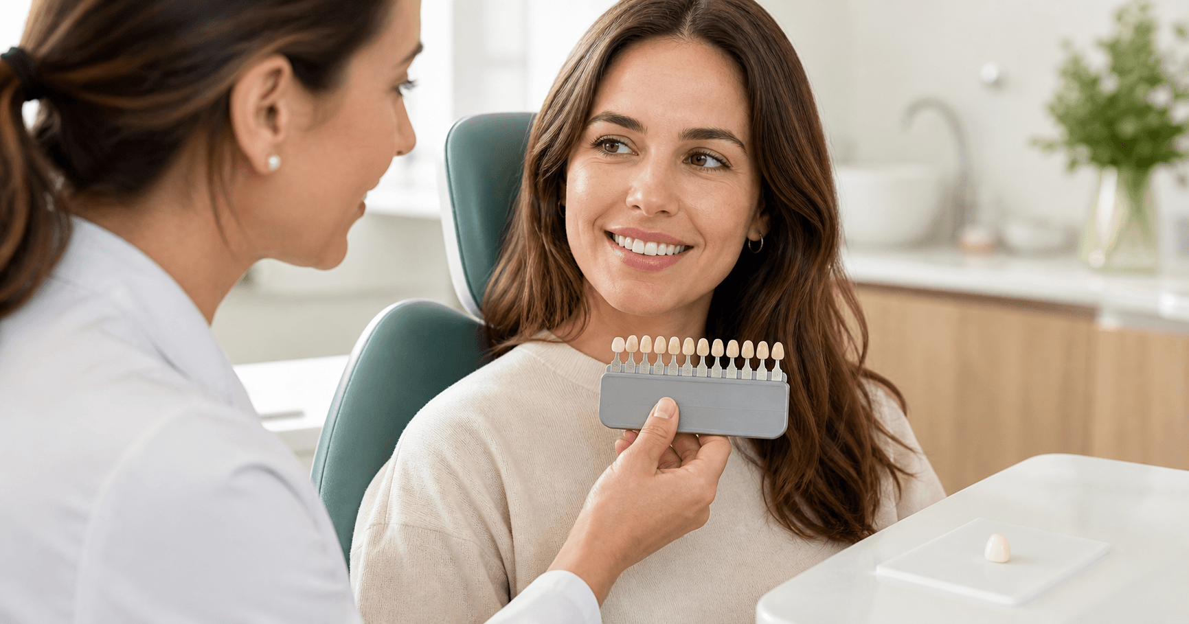 Dentista asesorando a una paciente sobre carillas y blanqueamiento dental